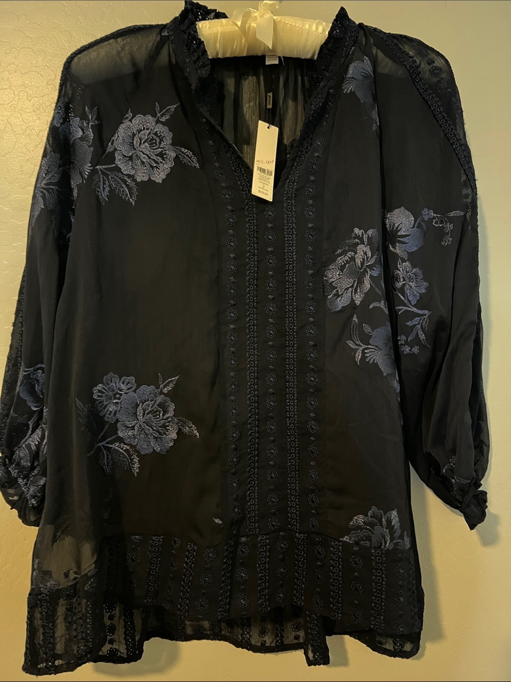 Chico's Navy Sheer Tunic with Blue Floral Embroidery